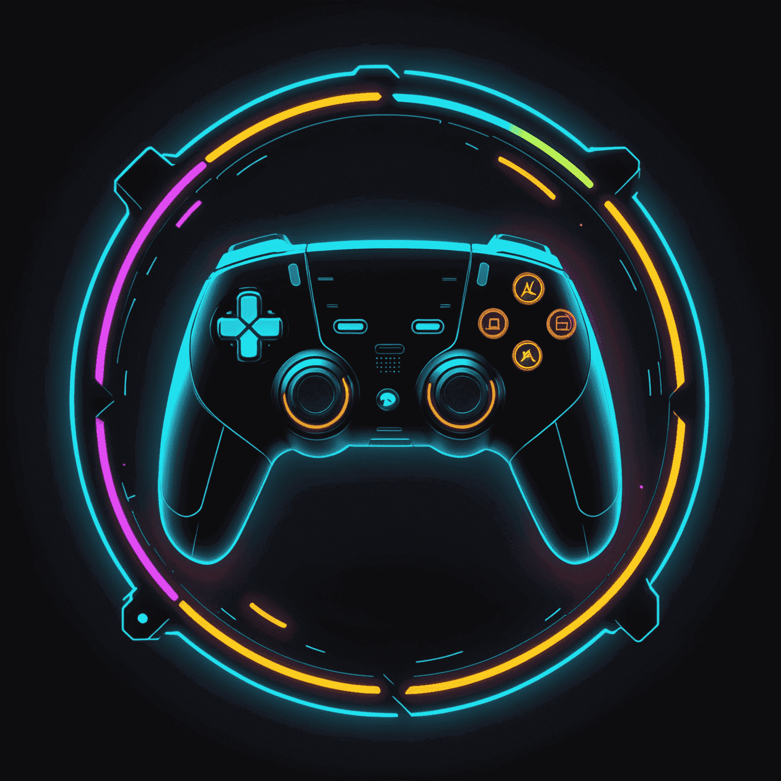 Modern Game Development Logo - A futuristic, stylized controller icon with neon outlines