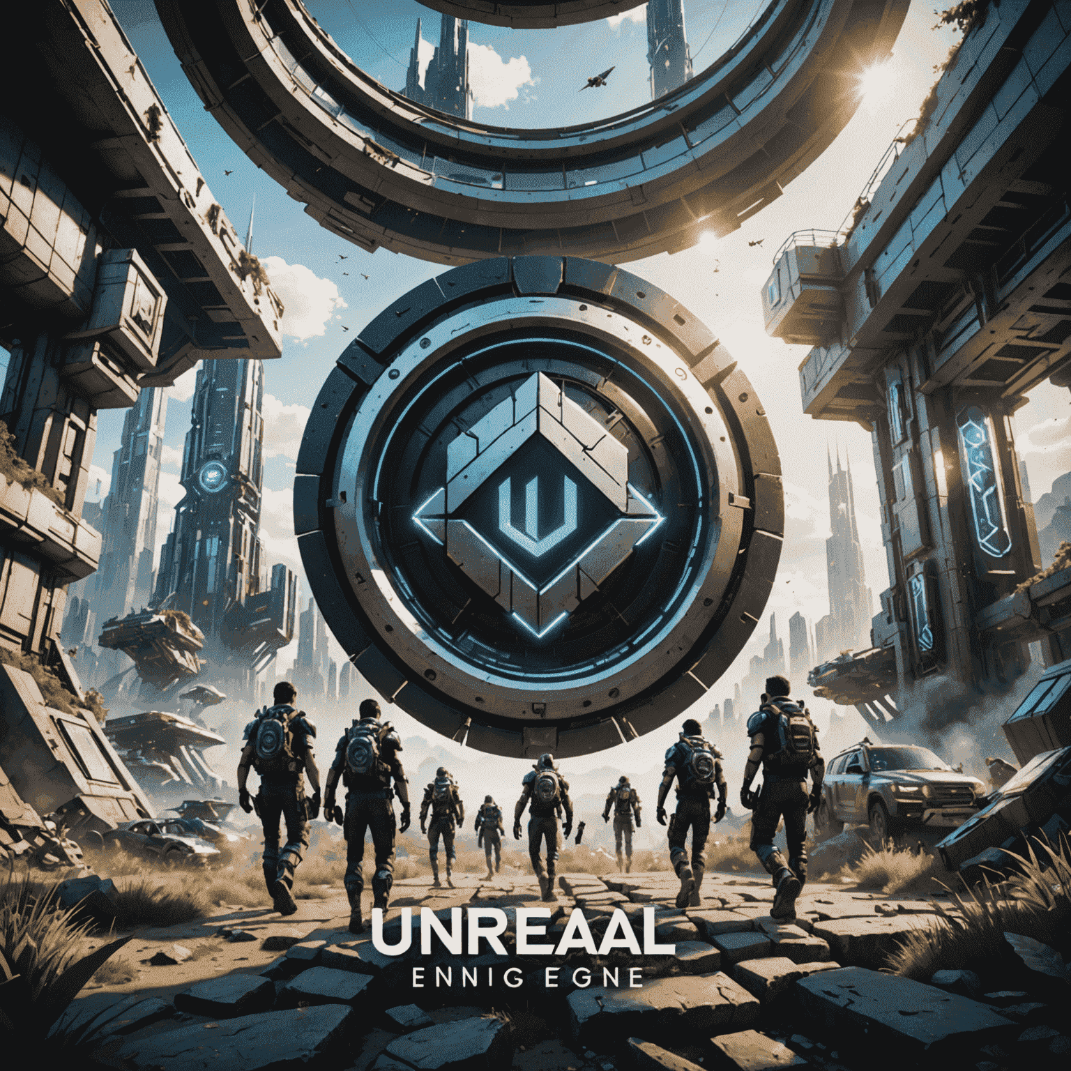 Unreal Engine logo with a large 'FREE' text overlay, surrounded by excited indie developers and futuristic game scenes