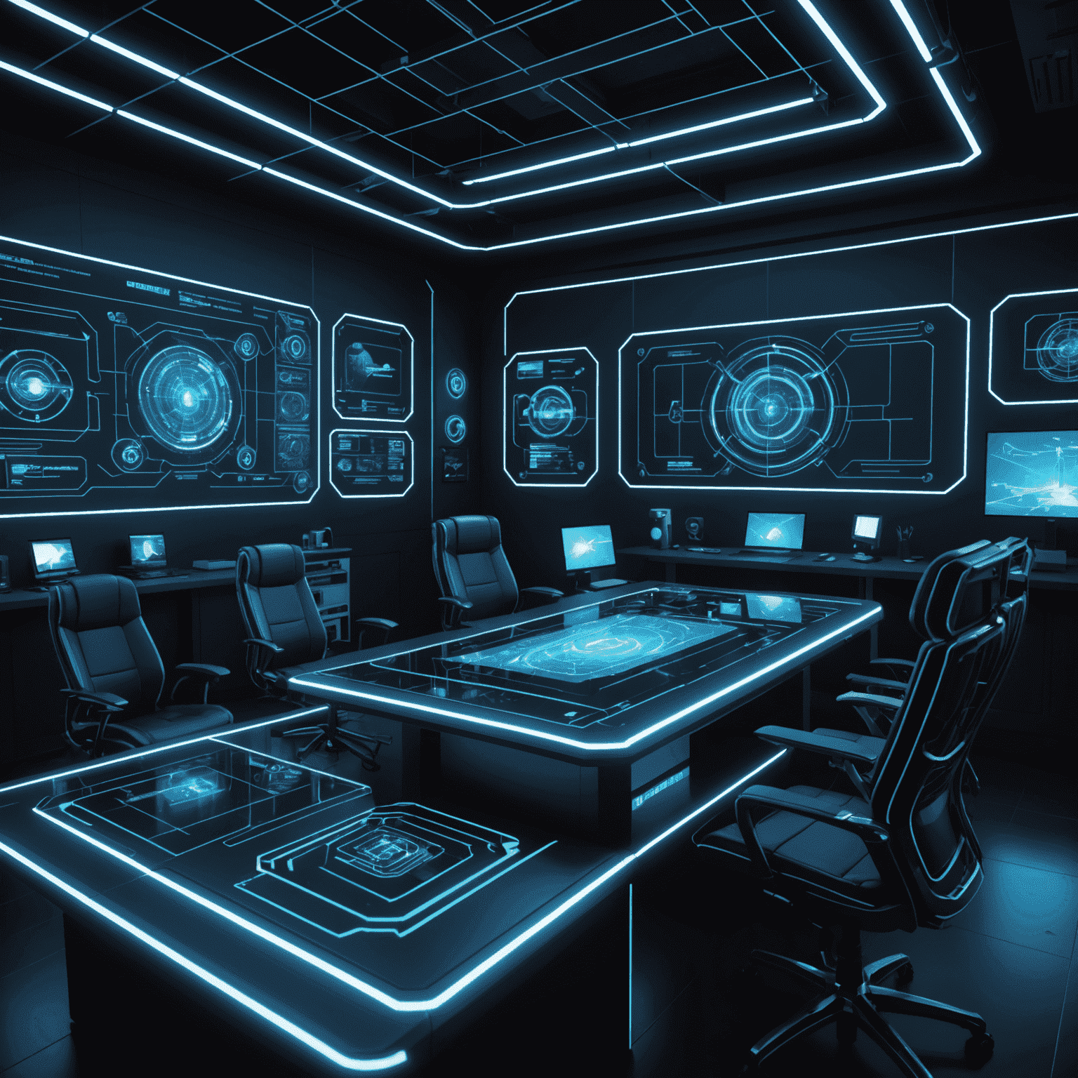 A futuristic game engine interface with holographic projections, neon blue command lines, and 3D wireframe models floating above the workspace.