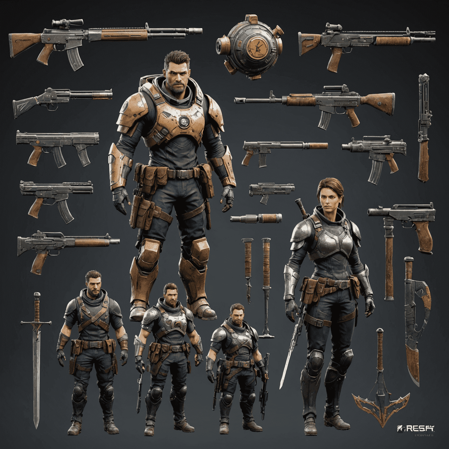 A collection of high-quality 3D game assets including detailed character models, intricate weapons, and realistic environmental props, all rendered with advanced lighting and materials