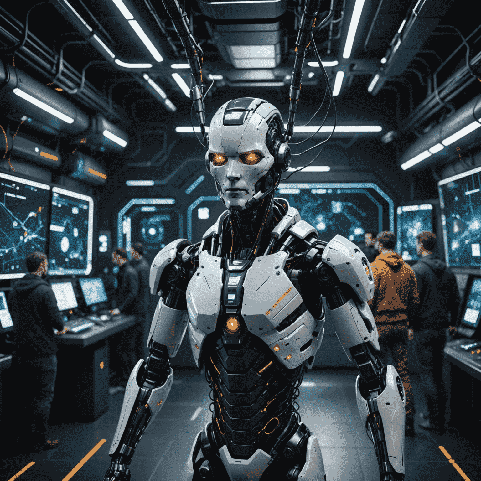 Futuristic visualization of AI integration in game development, showing neural networks interacting with game elements and characters