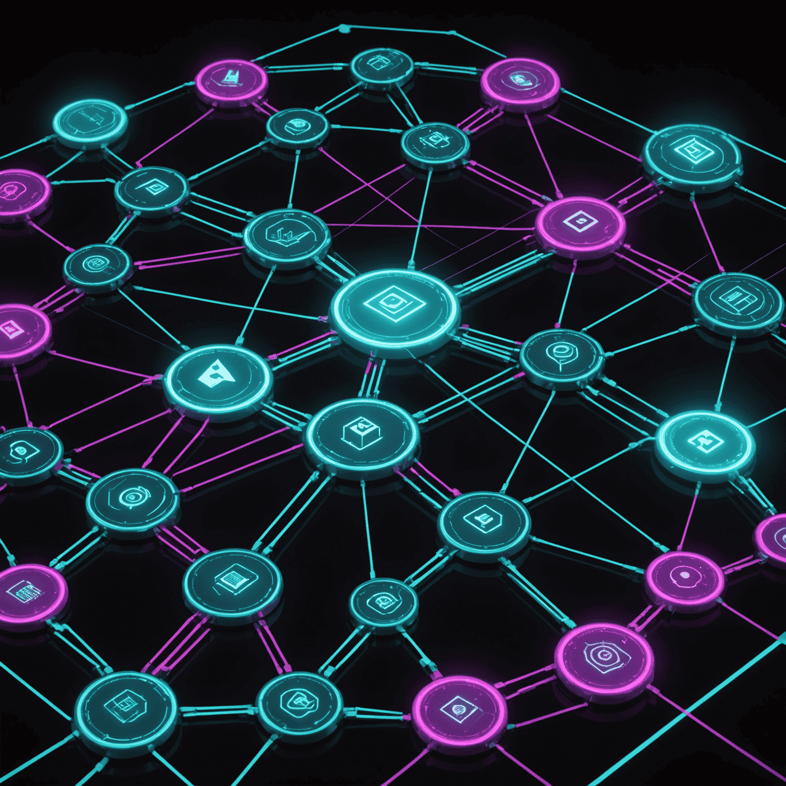 A futuristic diagram showcasing interconnected nodes representing players across different devices, with neon lines indicating data flow and low latency connections. The image has a dark background with cyber teal and magenta highlights.