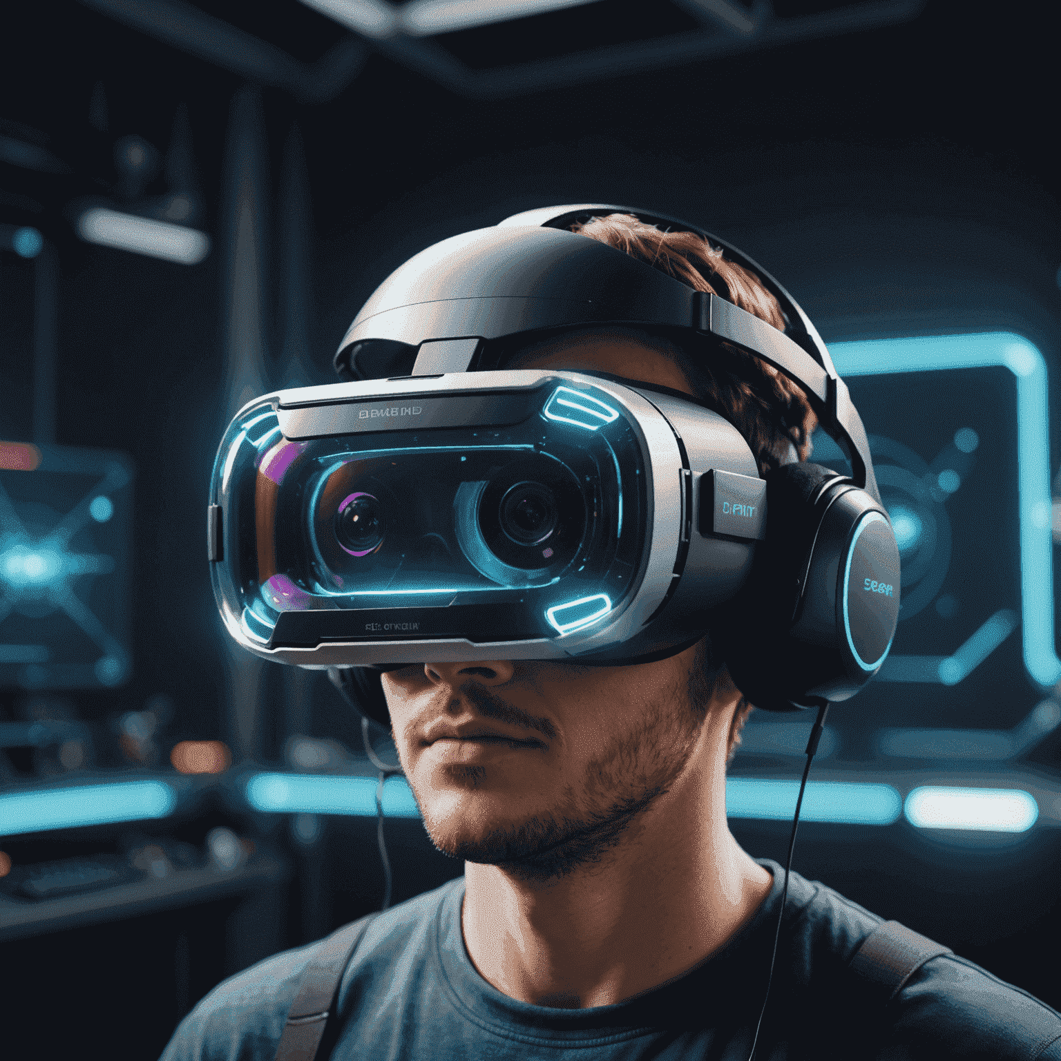 A high-tech VR headset with a holographic interface floating in front, showcasing game development tools and 3D models
