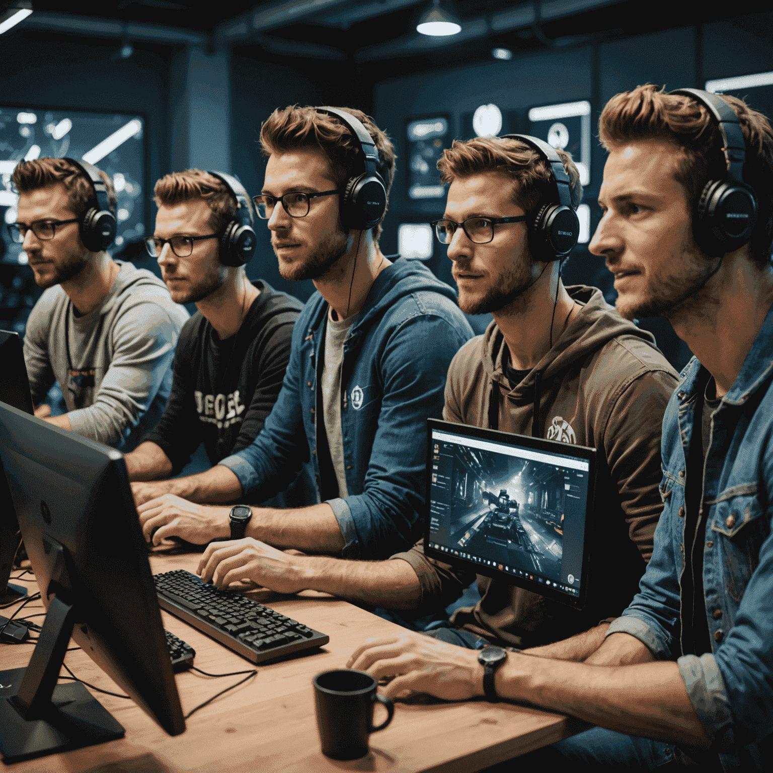 A diverse group of excited game developers working on computers with Unreal Engine interfaces visible