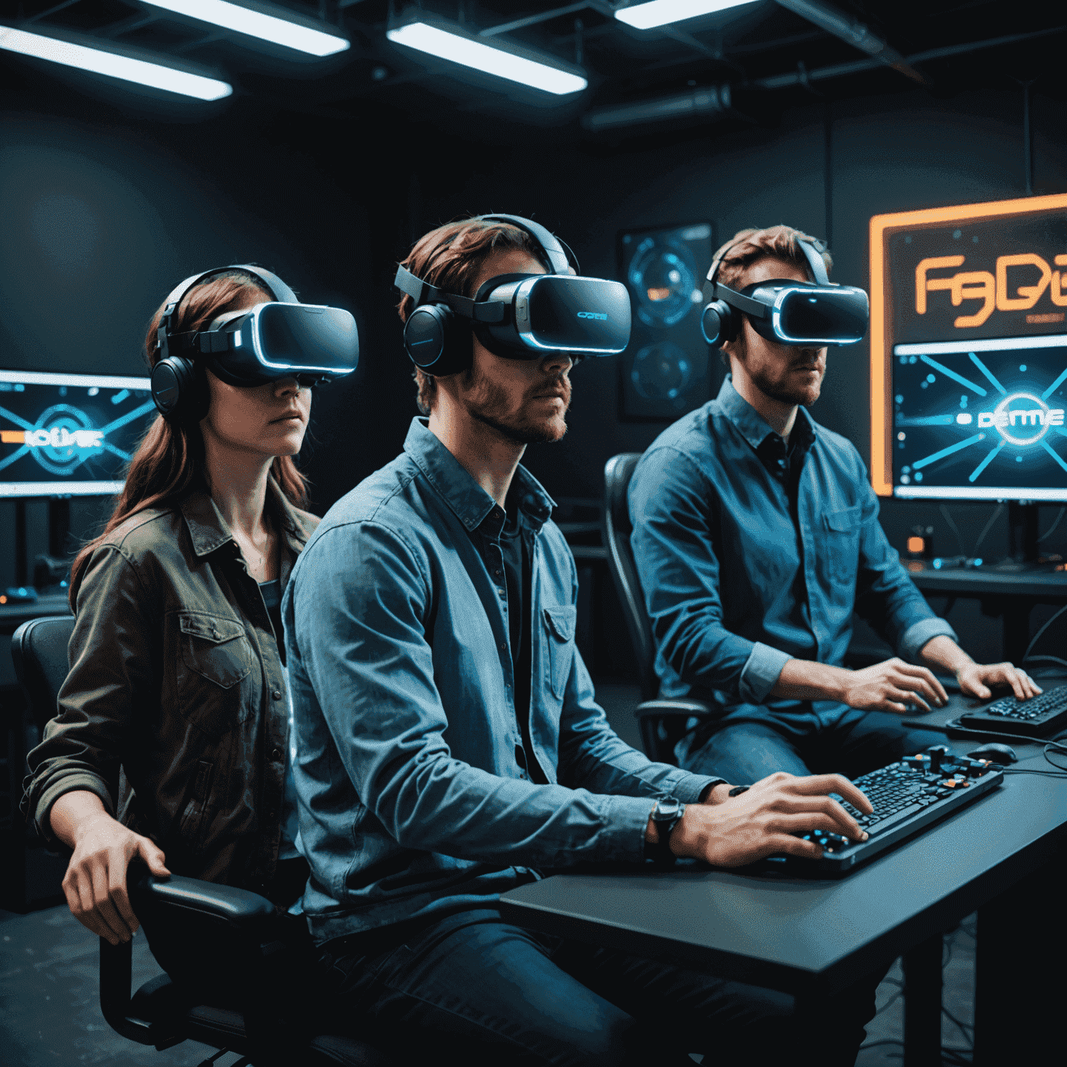 A high-tech game development studio with holographic displays, developers wearing VR headsets, and neon-lit workstations