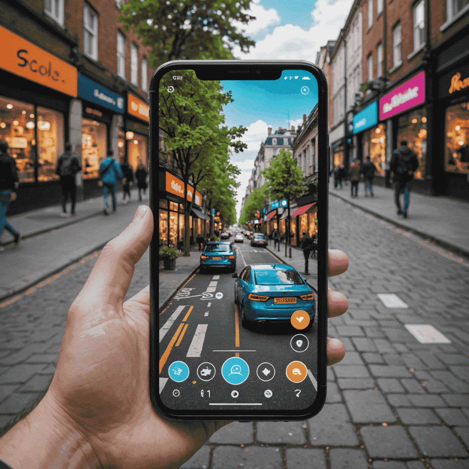 A smartphone displaying an AR game overlay on a real-world environment, with vibrant 3D characters and objects