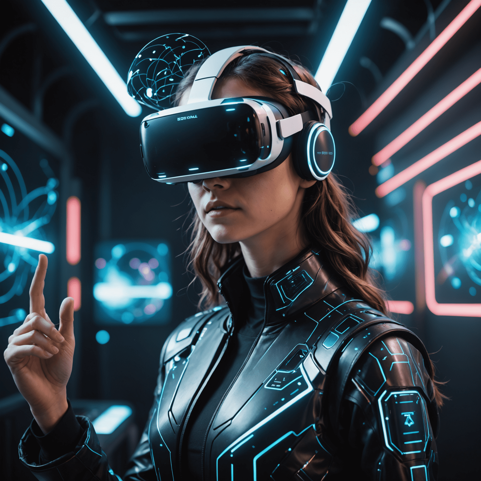 A person wearing a futuristic VR headset, surrounded by holographic game elements, showcasing the immersive potential of new VR technology