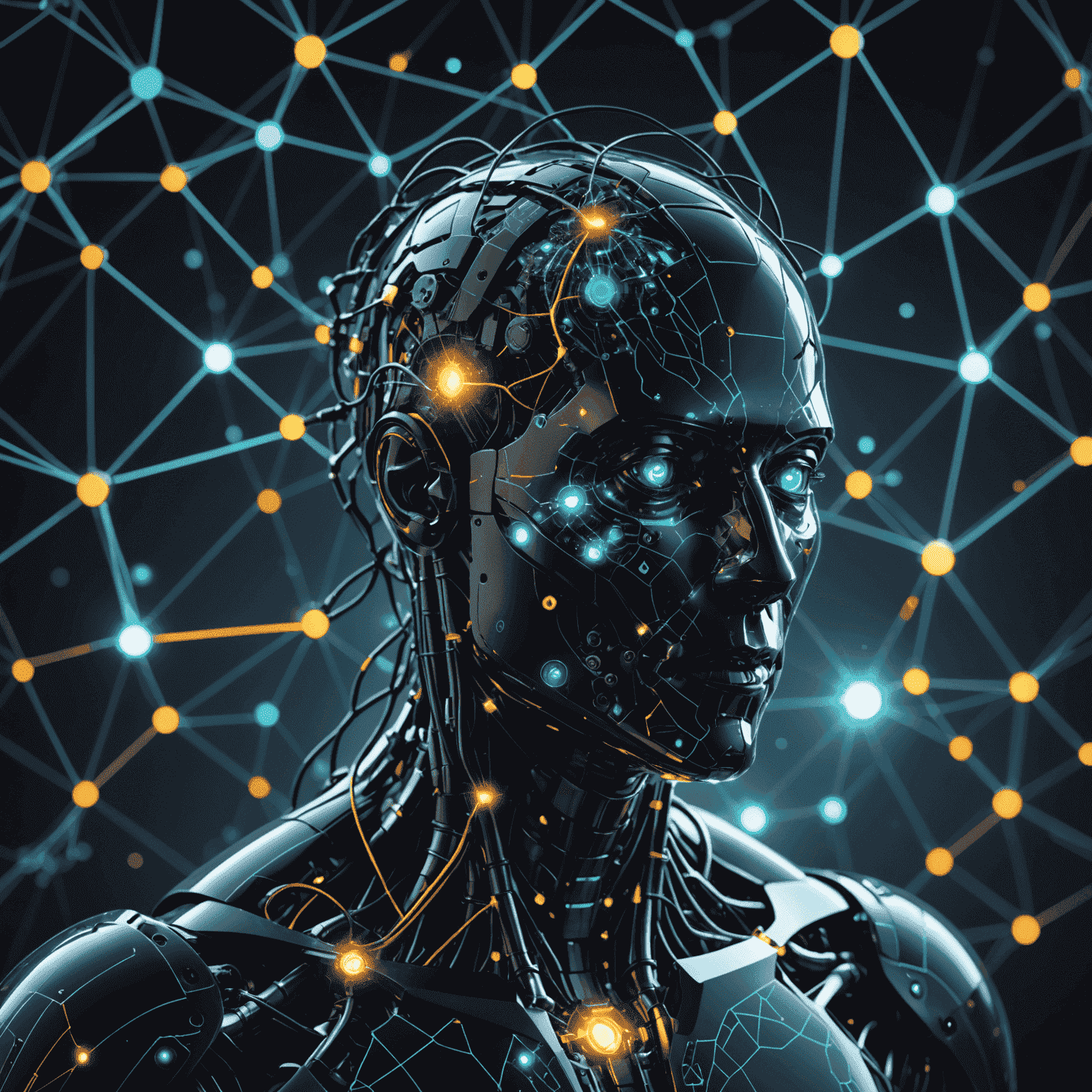 Futuristic AI neural network visualization with glowing nodes and connections, representing advanced AI integration in gaming