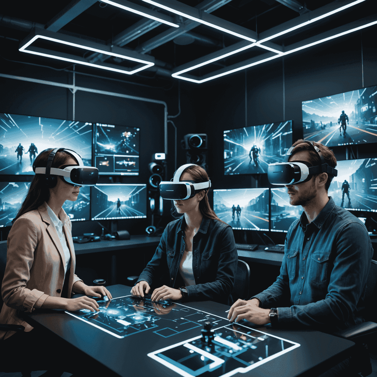 A team of developers working on VR game, surrounded by holographic displays showing 3D models, code, and game environments