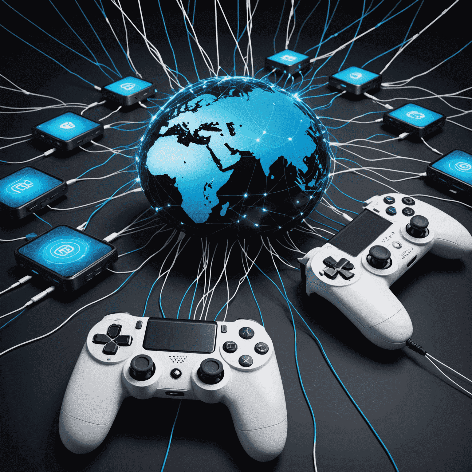 Global network of interconnected gaming devices with data streams flowing between them, illustrating robust multiplayer networking solutions