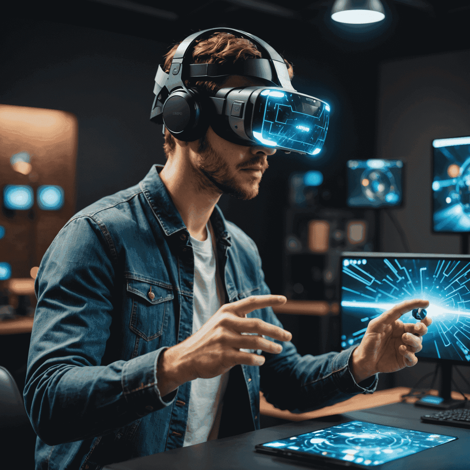 Person wearing VR headset interacting with holographic AR elements, showcasing the fusion of virtual and augmented reality in gaming